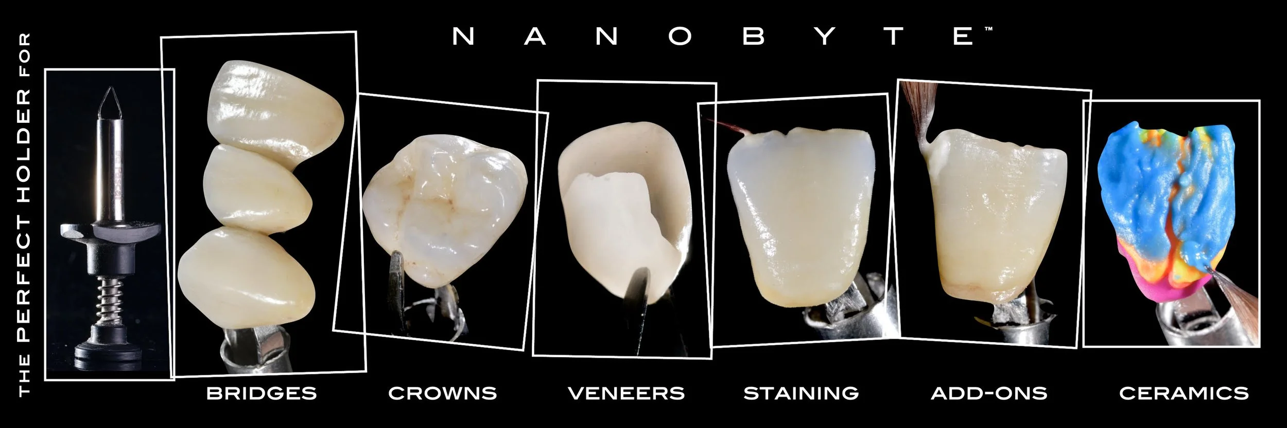 NanoByte™ precision tool for holding restorations during light curing and firing transfer